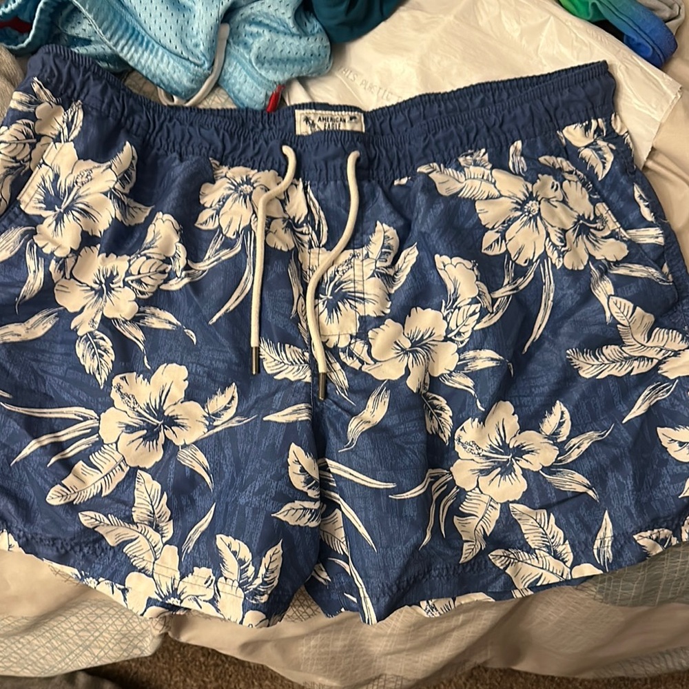 American Girl Blue and White Swim Trunks Tropical Floral